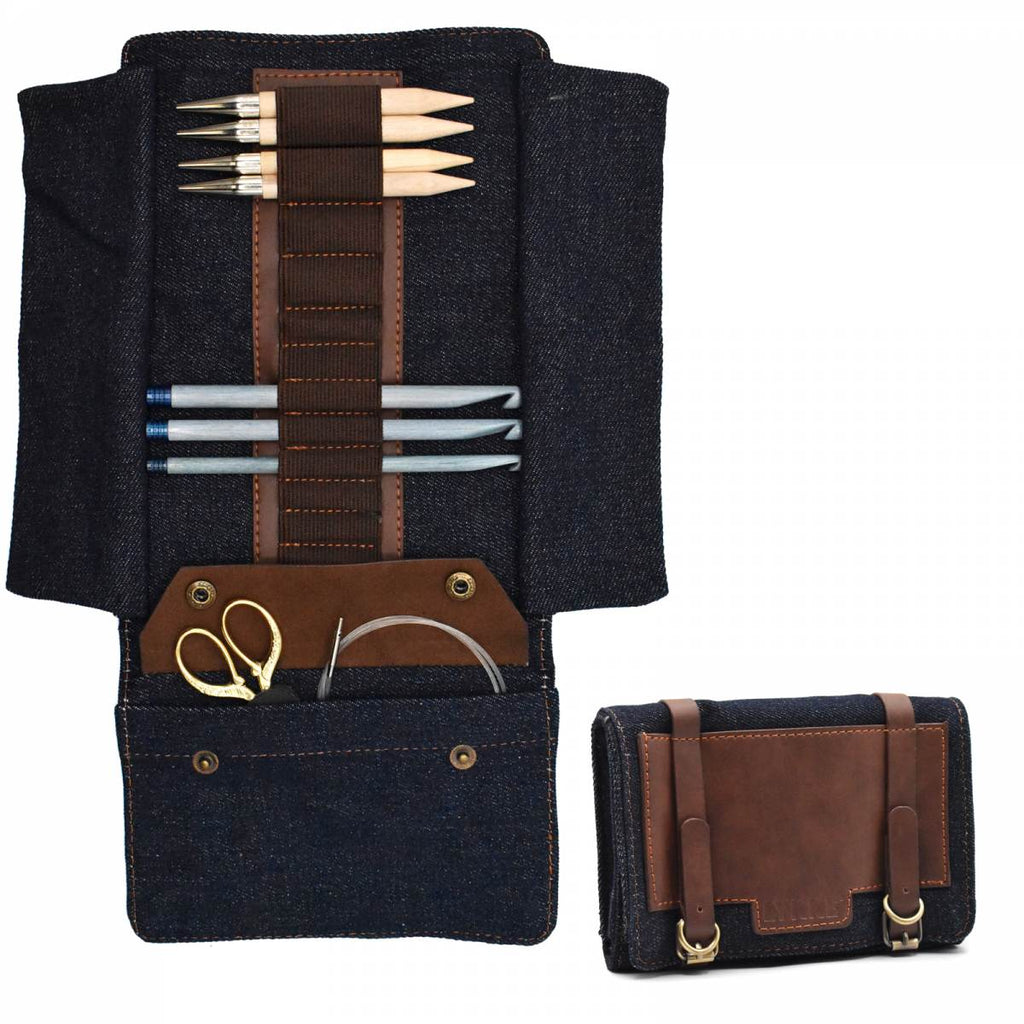 LYKKE Taylor - Denim & Vegan Leather Large Interchangeable Needle Case - The Needle Store